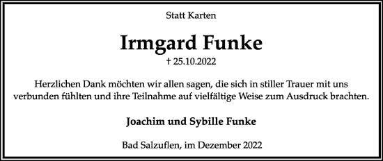 Anzeige  Irmgard Funke  Lippische Landes-Zeitung