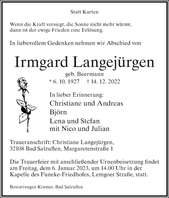 Anzeige  Irmgard Langejürgen  Lippische Landes-Zeitung
