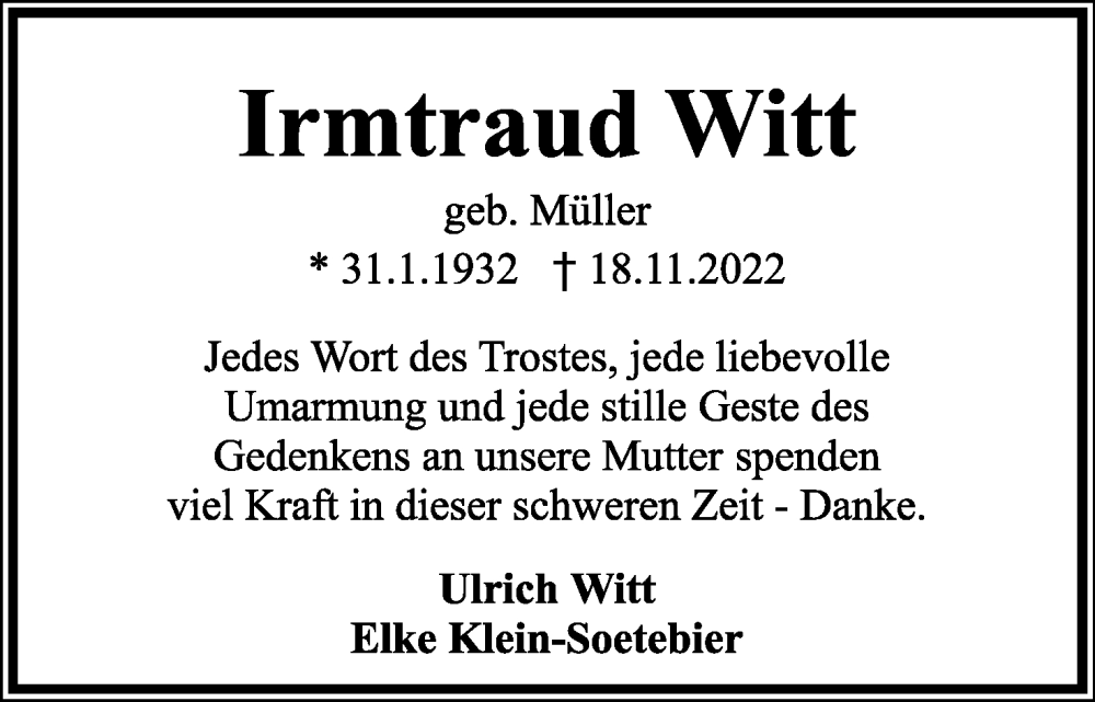  Traueranzeige für Irmtraud Witt vom 24.12.2022 aus Lippische Landes-Zeitung