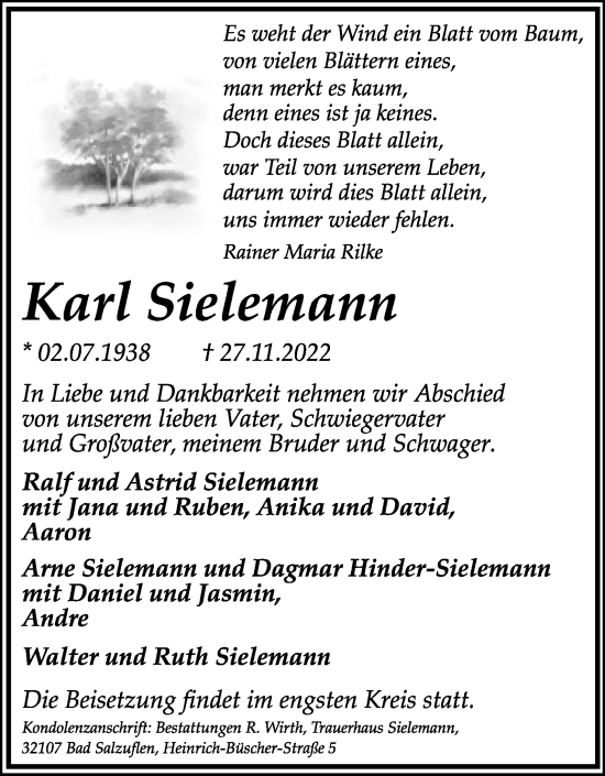 Anzeige  Karl Sielemann  Lippische Landes-Zeitung