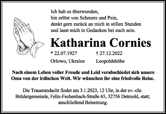 Anzeige  Katharina Cornies  Lippische Landes-Zeitung