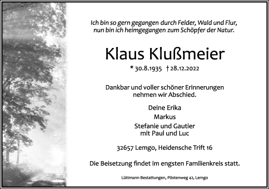Anzeige  Klaus Klußmeier  Lippische Landes-Zeitung