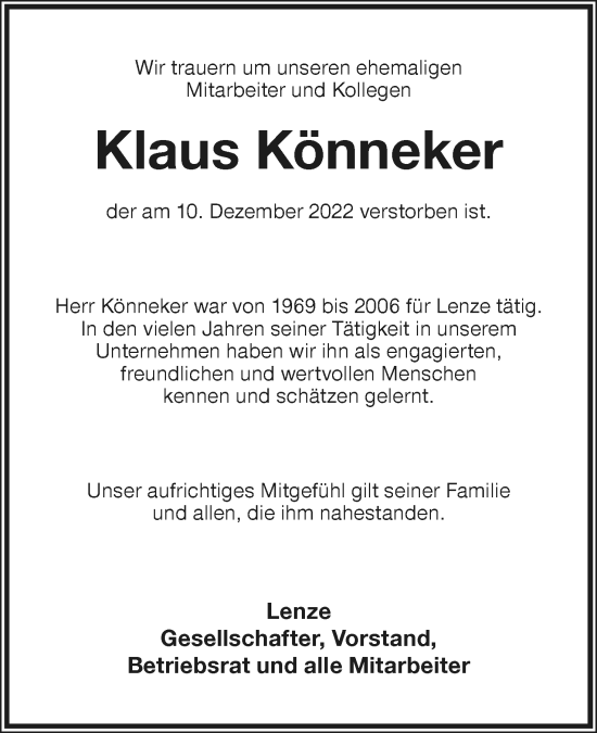 Anzeige  Klaus Könneker  Lippische Landes-Zeitung
