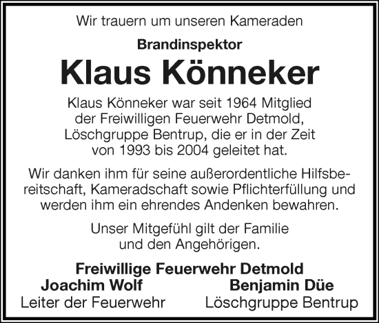 Anzeige  Klaus Könneker  Lippische Landes-Zeitung