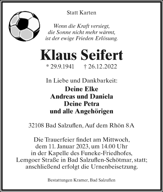 Anzeige  Klaus Seifert  Lippische Landes-Zeitung