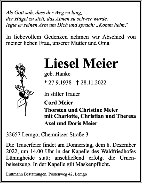 Anzeige  Liesel Meier  Lippische Landes-Zeitung