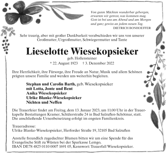 Anzeige  Lieselotte Wiesekopsieker  Lippische Landes-Zeitung