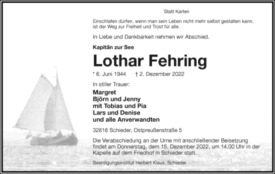 Anzeige  Lothar Fehring  Lippische Landes-Zeitung