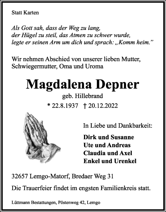 Anzeige  Magdalena Depner  Lippische Landes-Zeitung