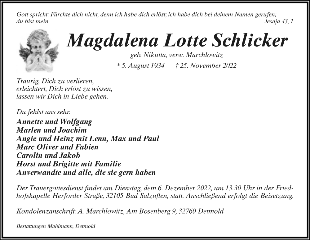  Traueranzeige für Magdalena Lotte Schlicker vom 03.12.2022 aus Lippische Landes-Zeitung