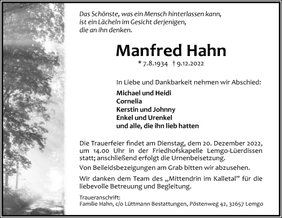 Anzeige  Manfred Hahn  Lippische Landes-Zeitung