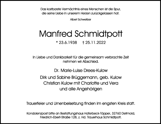 Anzeige  Manfred Schmidtpott  Lippische Landes-Zeitung