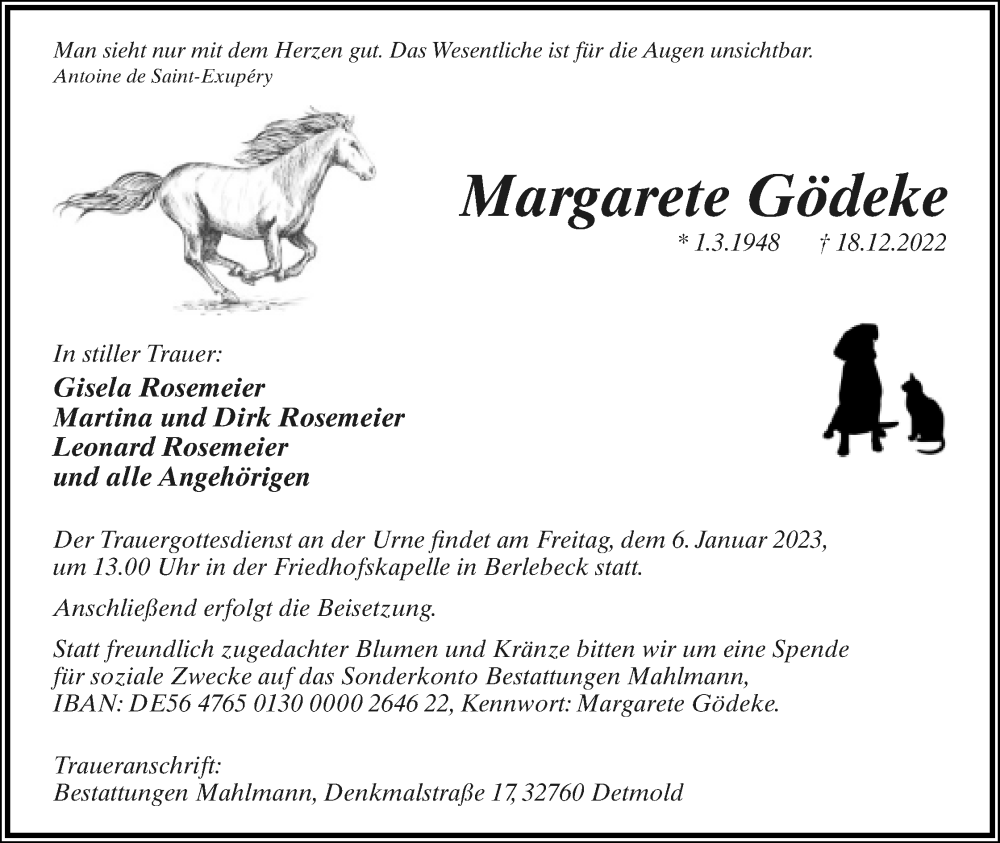  Traueranzeige für Margarete Gödeke vom 24.12.2022 aus Lippische Landes-Zeitung