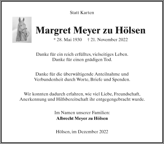 Anzeige  Margret Meyer zu Hölsen  Lippische Landes-Zeitung