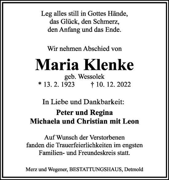 Anzeige  Maria Klenke  Lippische Landes-Zeitung