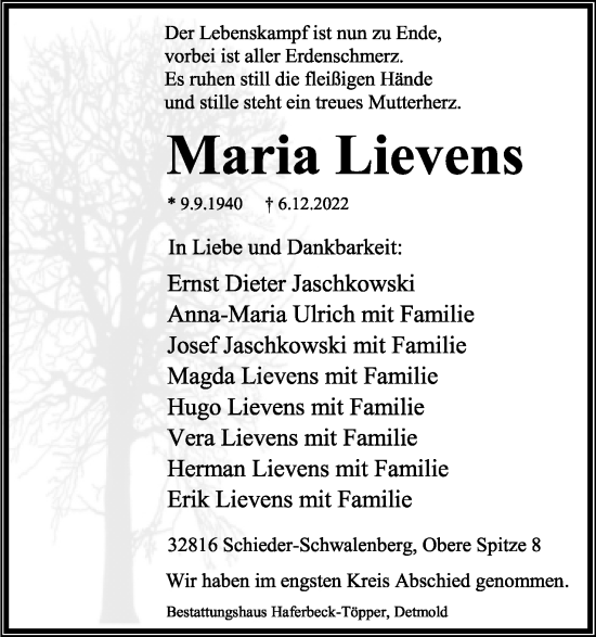 Anzeige  Maria Lievens  Lippische Landes-Zeitung