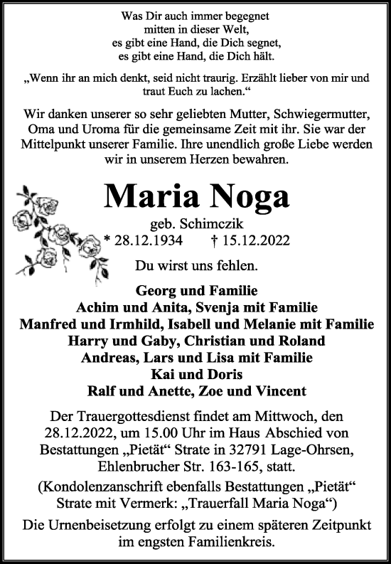 Anzeige  Maria Noga  Lippische Landes-Zeitung