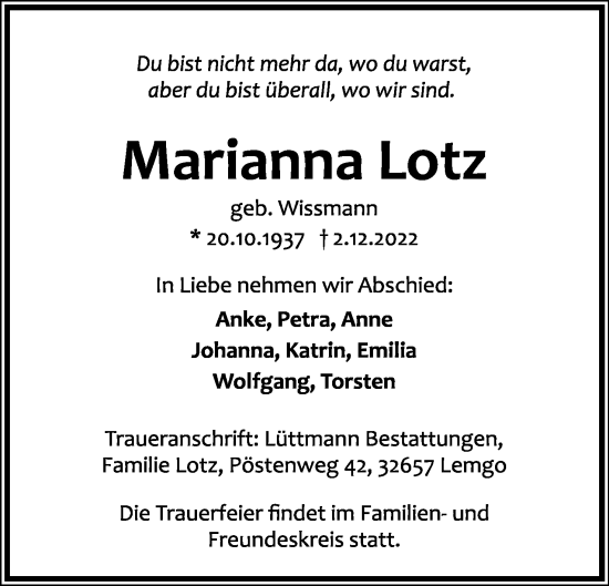 Anzeige  Marianna Lotz  Lippische Landes-Zeitung