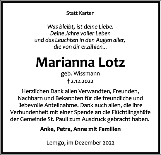 Anzeige  Marianna Lotz  Lippische Landes-Zeitung