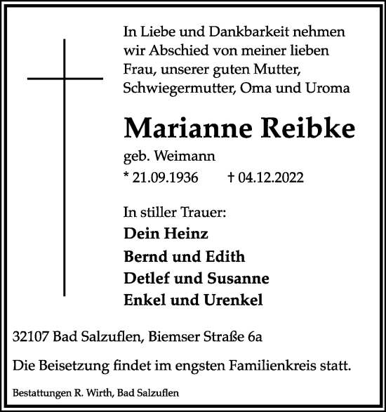 Anzeige  Marianne Reibke  Lippische Landes-Zeitung
