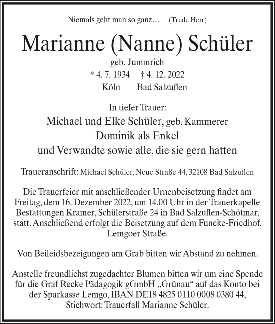 Anzeige  Marianne Schüler  Lippische Landes-Zeitung