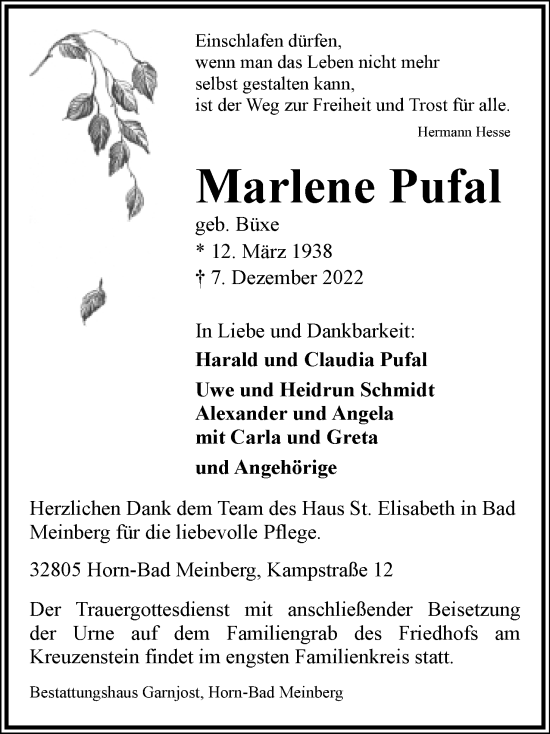 Anzeige  Marlene Pufal  Lippische Landes-Zeitung