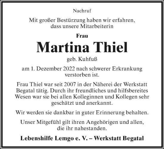 Anzeige  Martina Thiel  Lippische Landes-Zeitung
