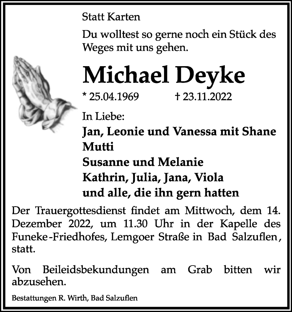  Traueranzeige für Michael Deyke vom 10.12.2022 aus Lippische Landes-Zeitung