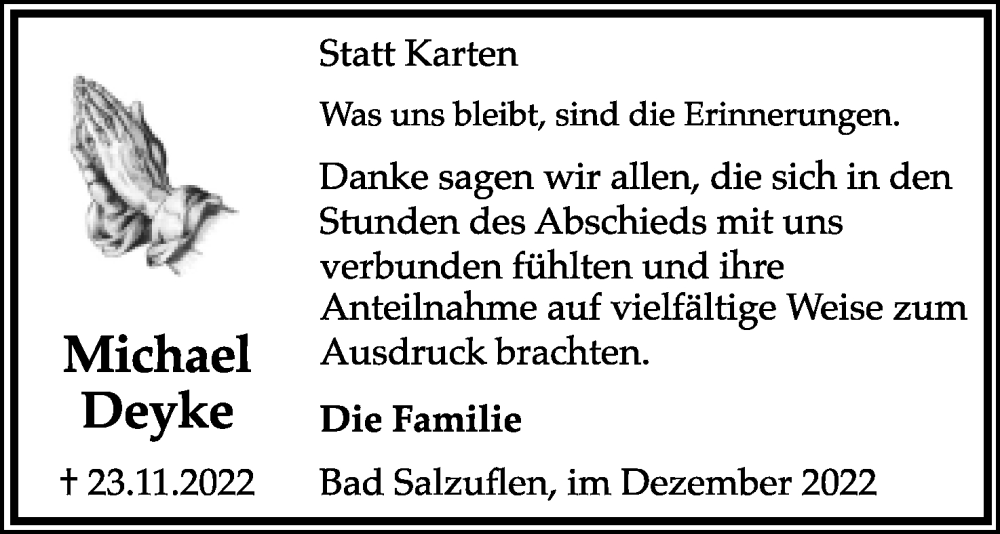  Traueranzeige für Michael Deyke vom 31.12.2022 aus Lippische Landes-Zeitung