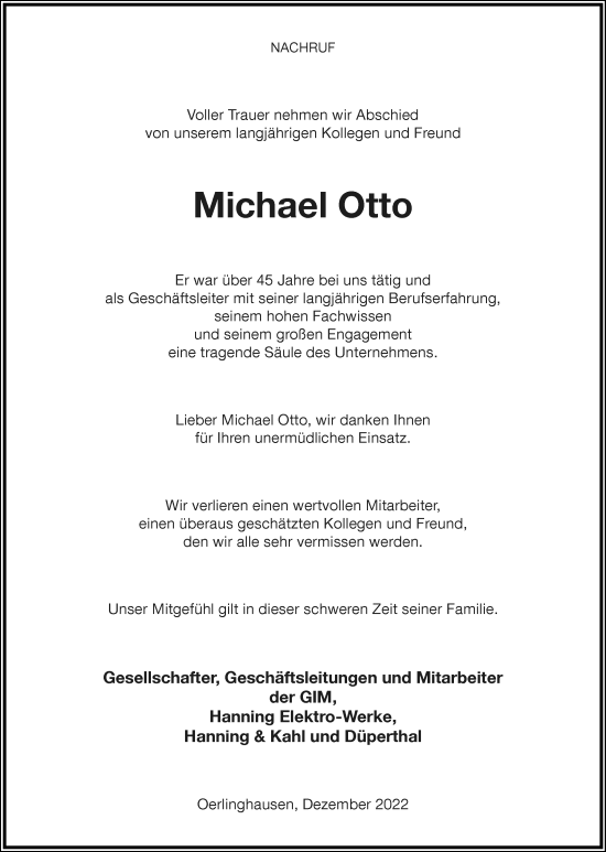 Anzeige  Michael Otto  Lippische Landes-Zeitung