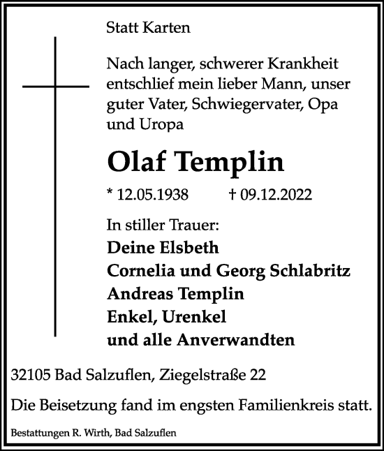 Anzeige  Olaf Templin  Lippische Landes-Zeitung