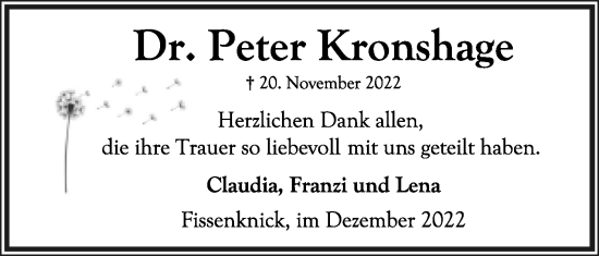 Anzeige  Peter Kronshage  Lippische Landes-Zeitung