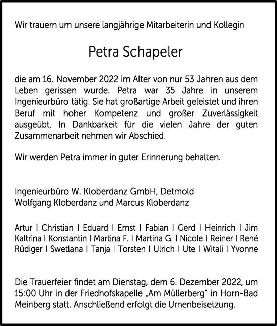 Anzeige  Petra Schapeler  Lippische Landes-Zeitung