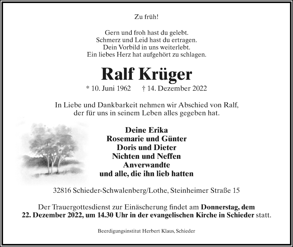  Traueranzeige für Ralf Krüger vom 17.12.2022 aus Lippische Landes-Zeitung