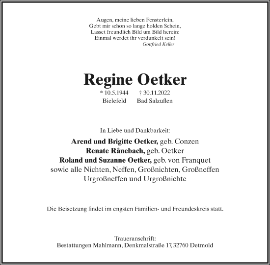 Anzeige  Regine Oetker  Lippische Landes-Zeitung