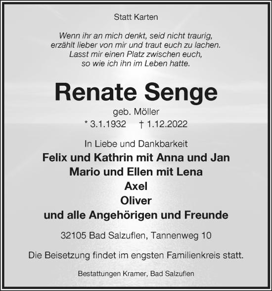 Anzeige  Renate Senge  Lippische Landes-Zeitung