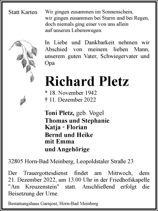 Anzeige  Richard Pletz  Lippische Landes-Zeitung
