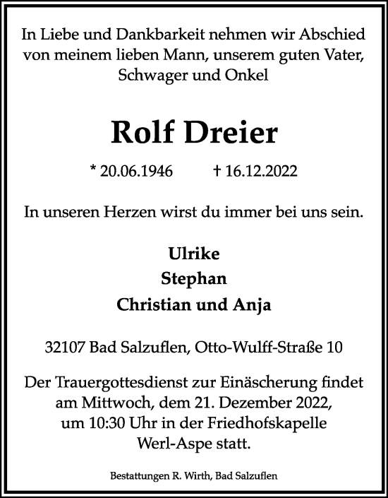 Anzeige  Rolf Dreier  Lippische Landes-Zeitung