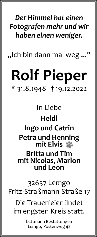 Anzeige  Rolf Pieper  Lippische Landes-Zeitung