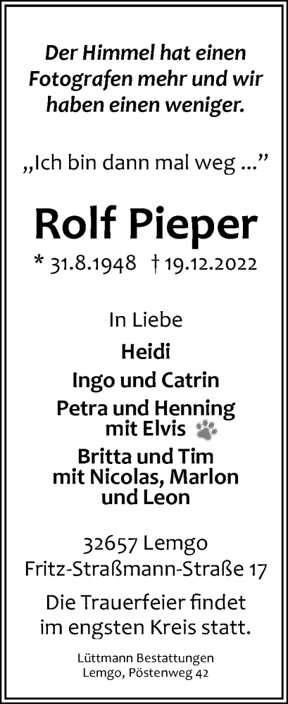  Traueranzeige für Rolf Pieper vom 24.12.2022 aus Lippische Landes-Zeitung