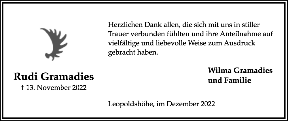  Traueranzeige für Rudi Gramadies vom 24.12.2022 aus Lippische Landes-Zeitung