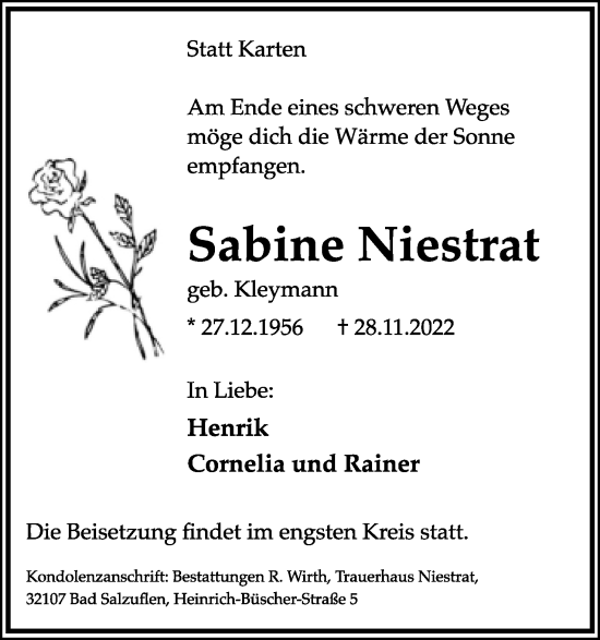 Anzeige  Sabine Niestrat  Lippische Landes-Zeitung