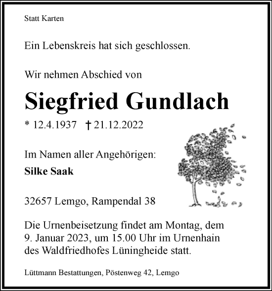 Anzeige  Siegfried Gundlach  Lippische Landes-Zeitung