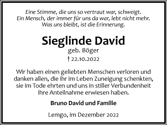 Anzeige  Sieglinde David  Lippische Landes-Zeitung