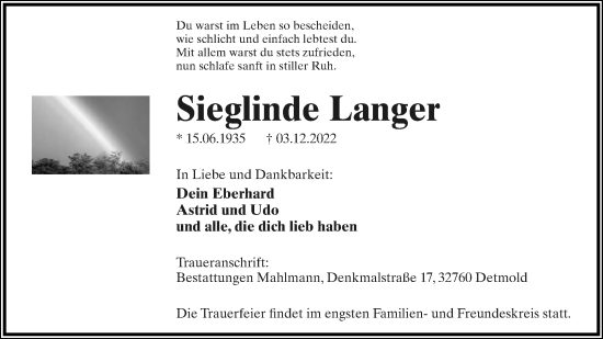 Anzeige  Sieglinde Langer  Lippische Landes-Zeitung
