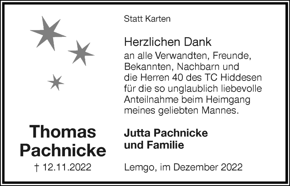  Traueranzeige für Thomas Pachnicke vom 31.12.2022 aus Lippische Landes-Zeitung