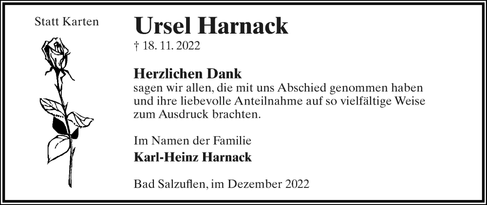  Traueranzeige für Ursel Harnack vom 17.12.2022 aus Lippische Landes-Zeitung