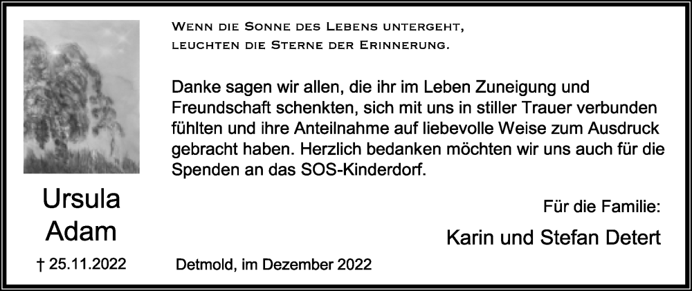  Traueranzeige für Ursula Adam vom 24.12.2022 aus Lippische Landes-Zeitung