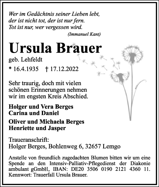 Anzeige  Ursula Brauer  Lippische Landes-Zeitung