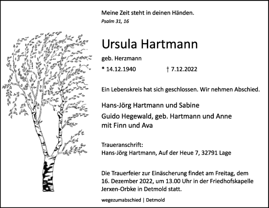 Anzeige  Ursula Hartmann  Lippische Landes-Zeitung
